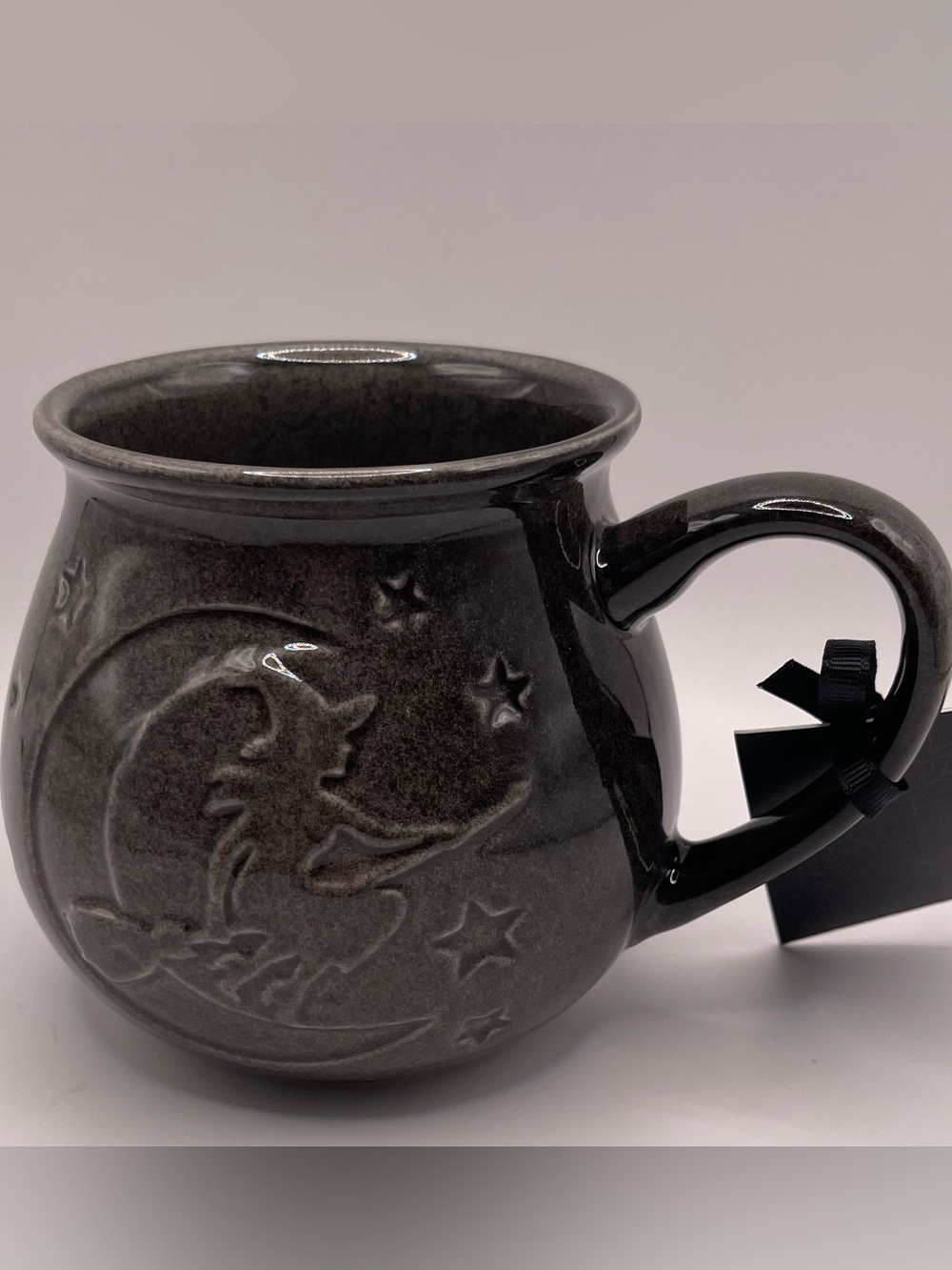 Cobwebs & Cauldrons Halloween Embossed Charcoal Cauldron Mug Witch & Moon LG NWT